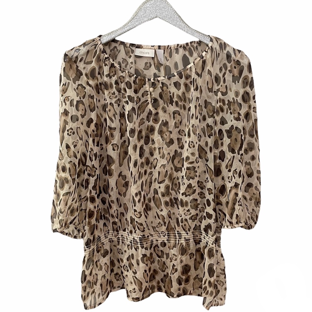 Chico's 3/4 Length Sleeve with Elastic Waist Cheetah Print Semi-Sheer Blouse